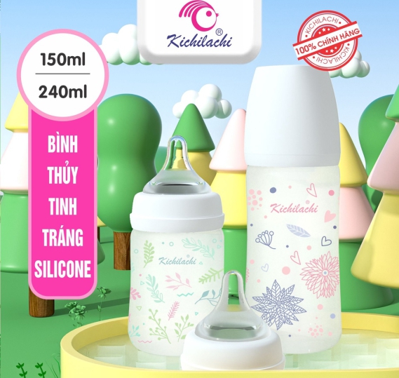 Bình Sữa Kichilachi Thủy Tinh Tráng Silicon150ml/24 0ml