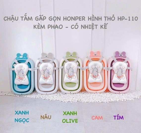 CHẬU TẮM GẤP GỌN HONPER HÌNH THỎ KÈM PHAO CÓ NHIỆT KẾ