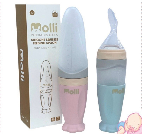 BÌNH THÌA ĂN DẶM MOLLI CHẤT LIỆU SILICON CAO CẤP 2 MÀU CHO BÉ