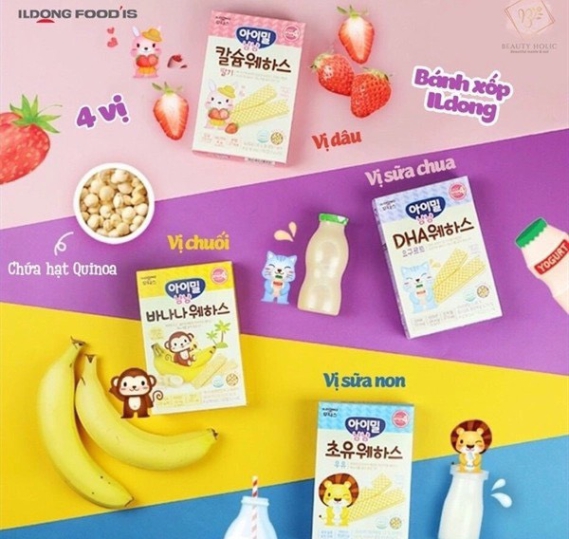 Bánh xốp ăn dặm cho bé Ildong Ayiyum DHA vị chuối, vị dâu, vị sữa chua, vị sữa