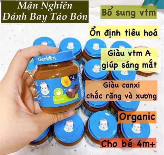 Mận đen nghiền Gerber Nga trị táo bón cho bé 4 tháng