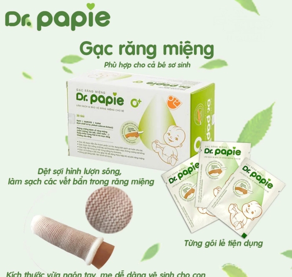 Gạc răng miệng Dr. Papie 0+ giúp sạch lưỡi, nướu, răng hộp 30 gói